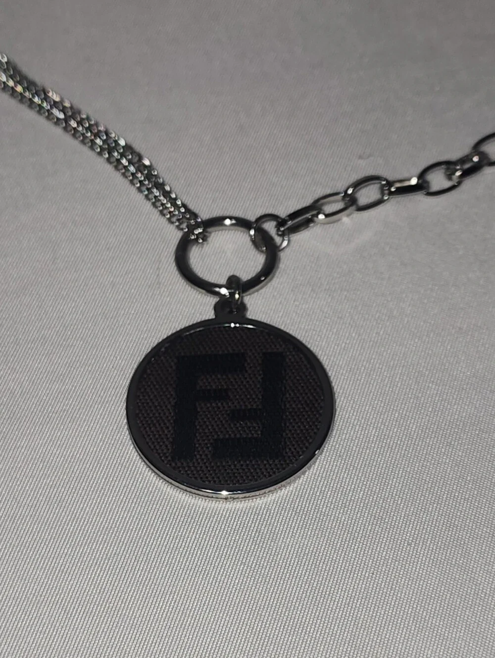 Fendi Monogram Canvas Silver Pendant Mixed Link Chain Necklace